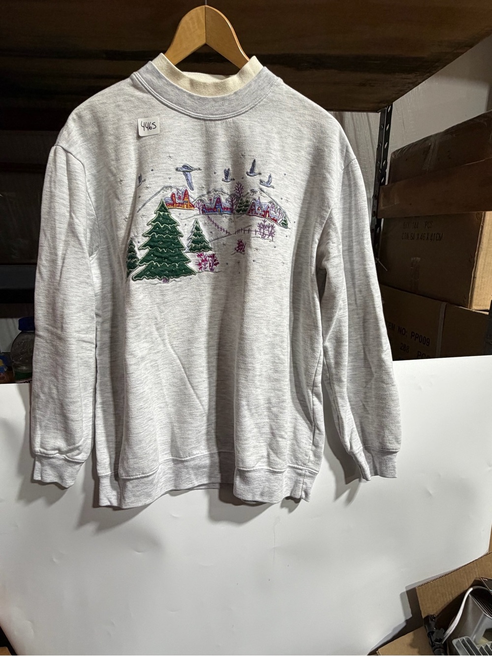 #4465-Bobbie Brooks Light Gray Crewneck Sweater with Embroidered Winter Scene